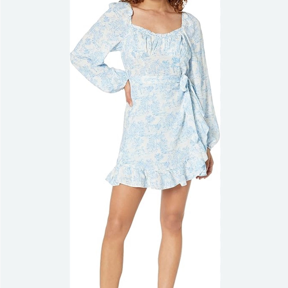 BCBGeneration Blue and White Toile Puff-Sleeve Mini Dress